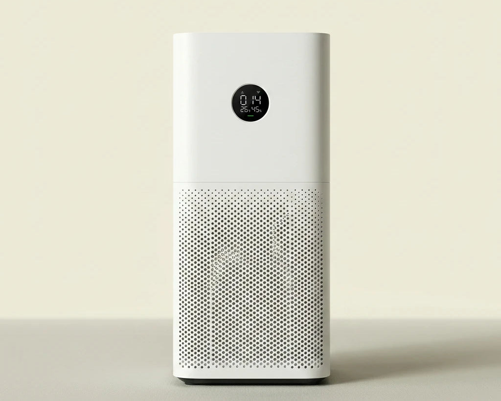 Purificateur d'air HEPA H13 LITE-4 vue de face avec ecran PM2.5, filtre pour particules fines, allergenes, poussiere et qualite de l'air interieur