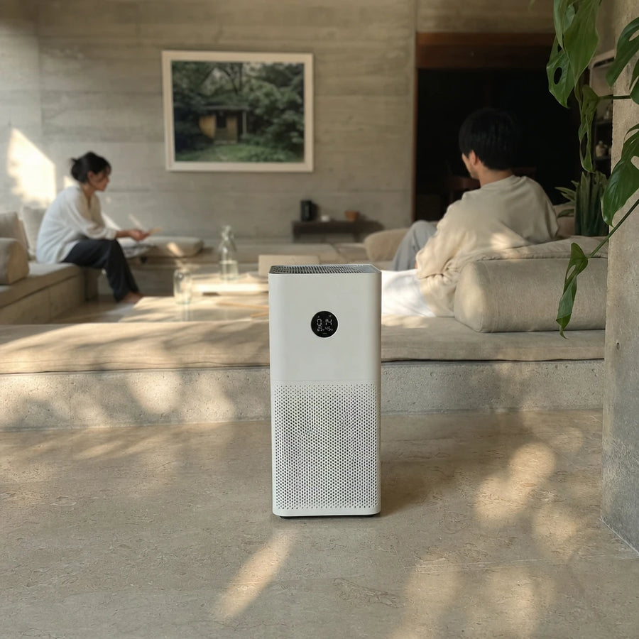 Purificateur d'air HEPA H13 LITE-4 dans un salon moderne pour maison, poussiere, particules fines PM2.5 et qualite de l'air interieur