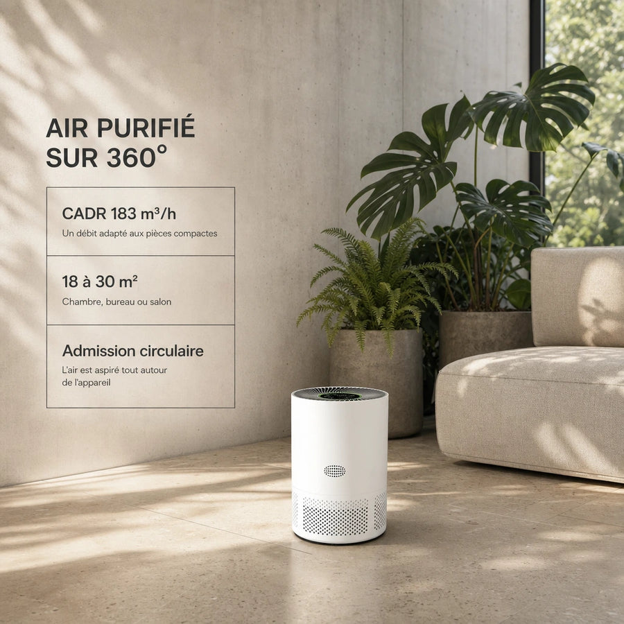 Purificateur d'air HEPA H13 WiFi PJ01 avec CADR 183 m³/h, admission circulaire 360° et surface recommandée 18 à 30 m²