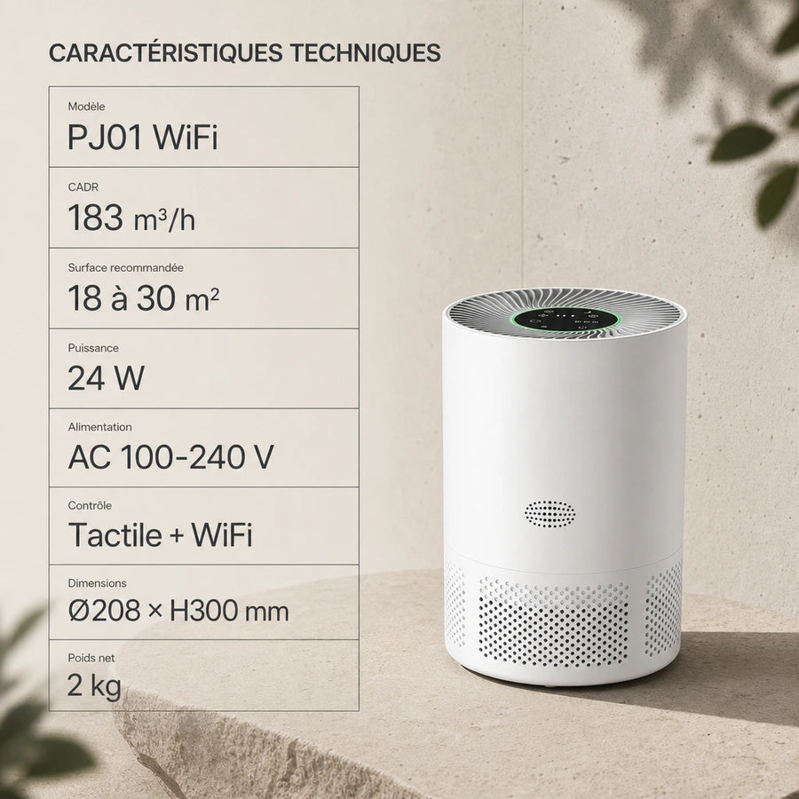Caractéristiques techniques du purificateur d'air HEPA H13 WiFi PJ01 : CADR 183 m³/h, 18 à 30 m², 24 W, contrôle tactile et WiFi