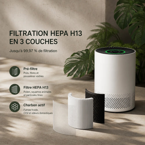 Filtration 3 couches du purificateur d'air HEPA H13 WiFi PJ01 avec pré-filtre, filtre HEPA H13 et charbon actif contre poussière, pollen et odeurs