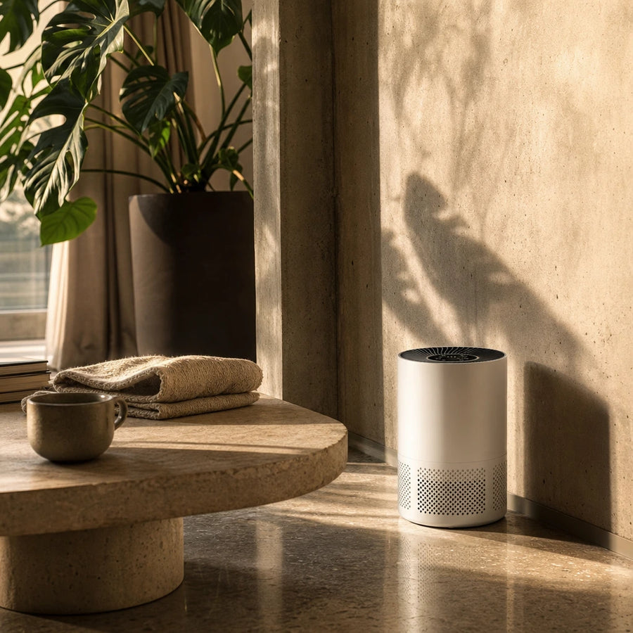 Purificateur d'air HEPA H13 WiFi PJ01 dans un salon minimaliste avec béton clair, pierre beige, plantes vertes et lumière naturelle