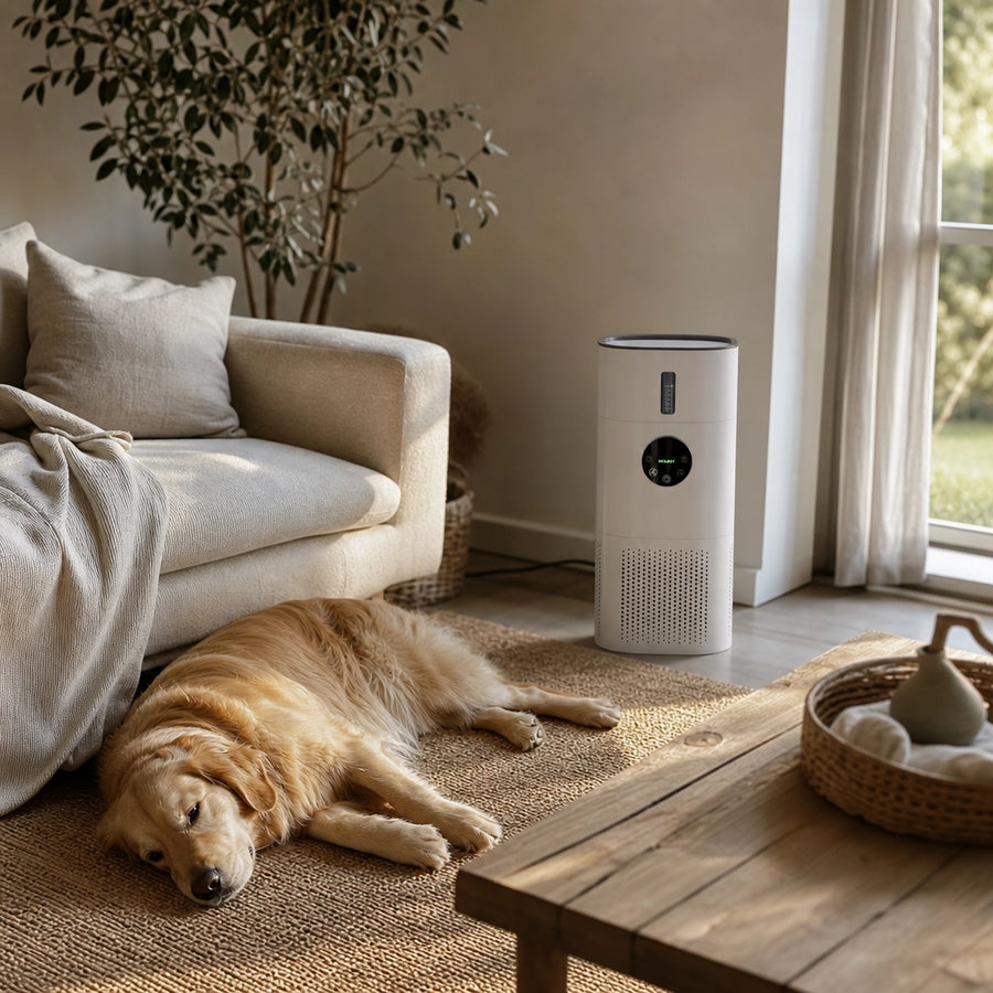 Purificateur d'air humidificateur H13 AP-T2 dans un salon avec animal pour poils, squames et odeurs domestiques
