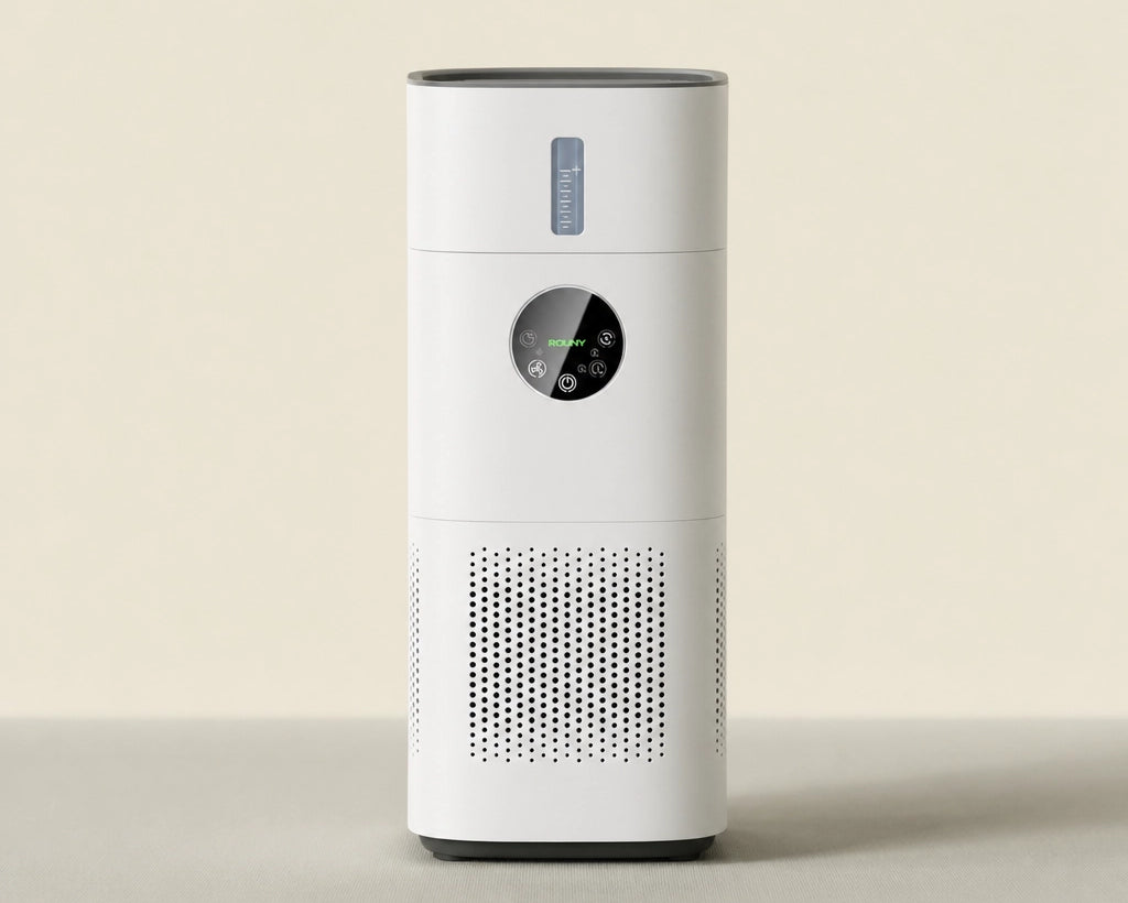 Purificateur d'air humidificateur H13 AP-T2 integre dans un salon beige pour chambre, sejour et air interieur controle