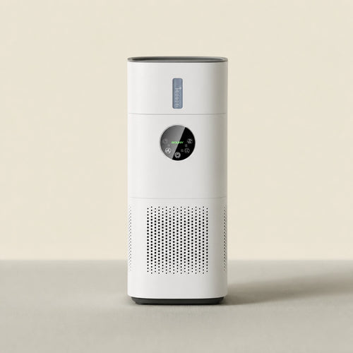 Purificateur d'air humidificateur H13 AP-T2 integre dans un salon beige pour chambre, sejour et air interieur controle