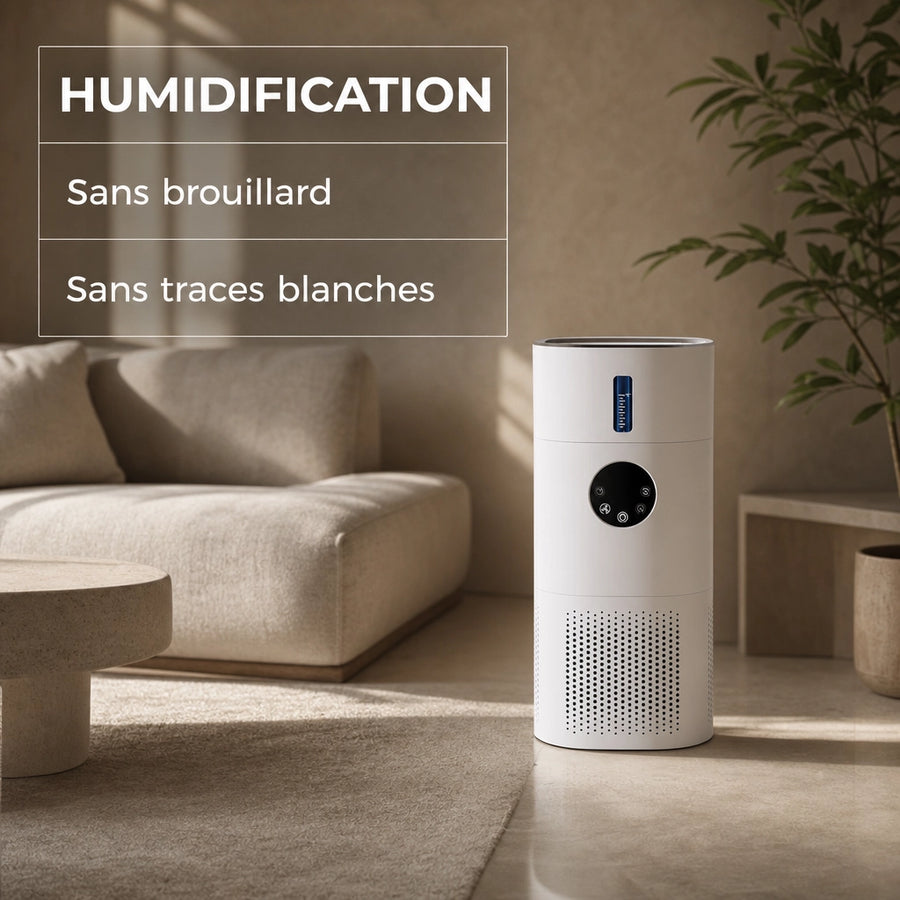 Purificateur d'air humidificateur H13 AP-T2 en salon beige avec humidification evaporative sans brouillard ni traces blanches