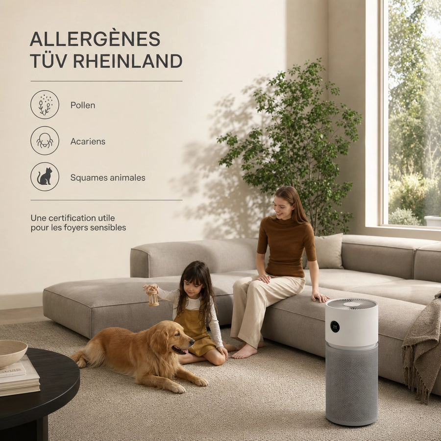 Purificateur d'air Xiaomi Elite Y-600 dans un salon familial avec certification allergènes TÜV Rheinland, pollen, acariens et squames