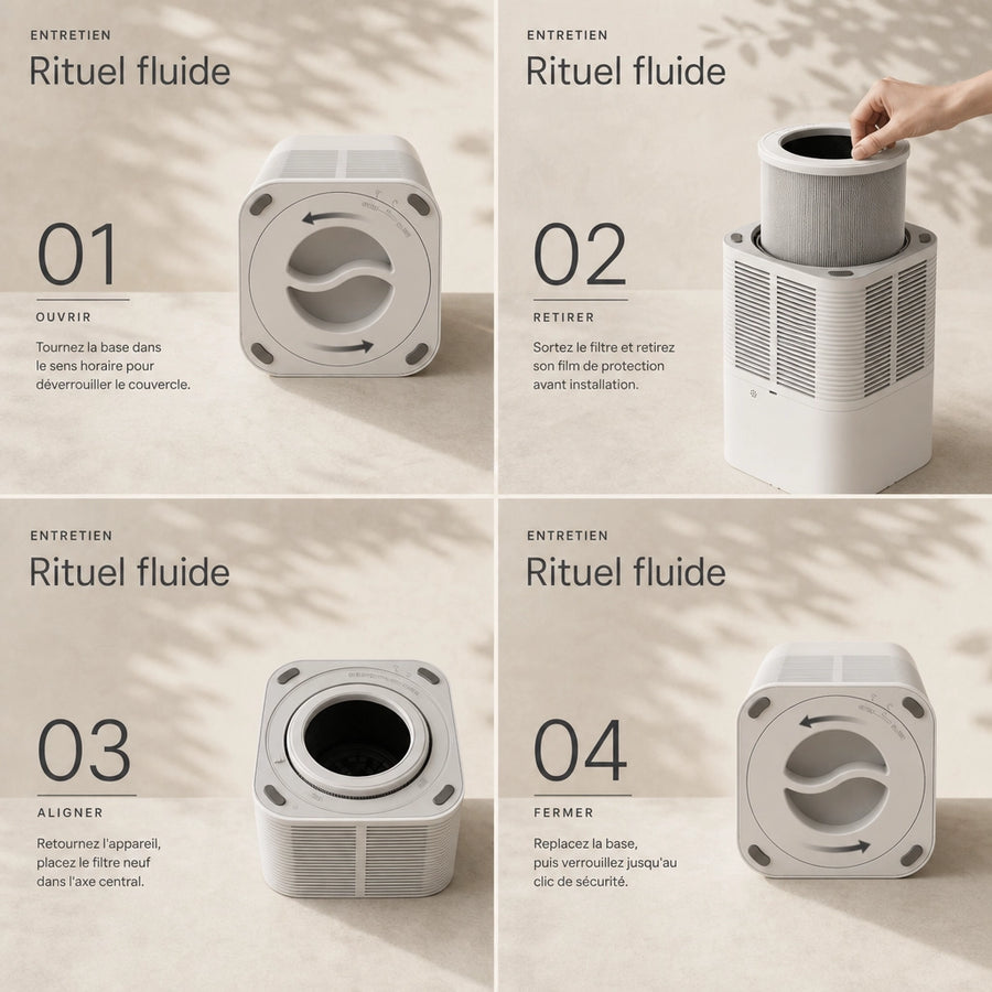 Remplacement du filtre du purificateur d'air HEPA-200 avec ouverture de la base, retrait du film et installation du filtre