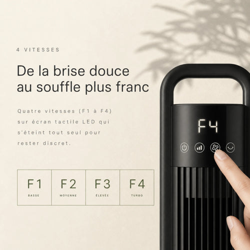Ventilateur colonne sans pales, écran tactile 4 vitesses F1 à F4 réglées du bout du doigt, L'Air Sain