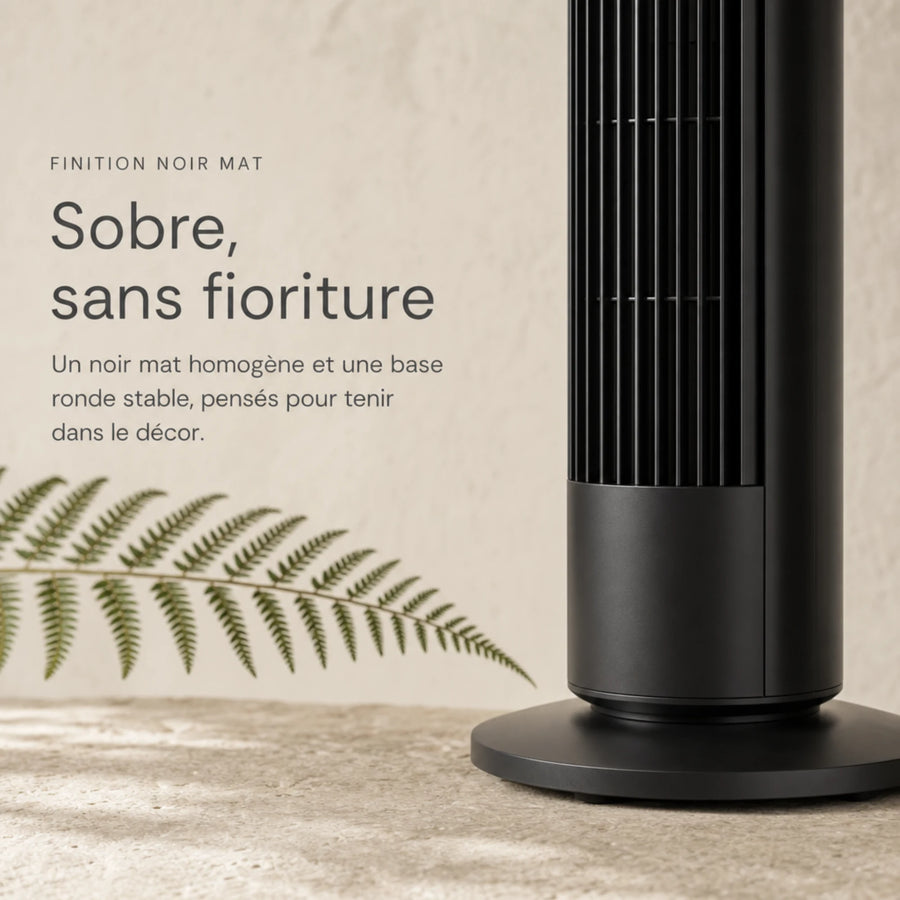 Ventilateur colonne sans pales, finition noir mat homogène et base ronde stable au sol, L'Air Sain