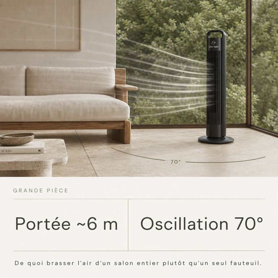 Ventilateur colonne sans pales au salon, portée d'air environ 6 mètres, oscillation automatique jusqu'à 70°, L'Air Sain