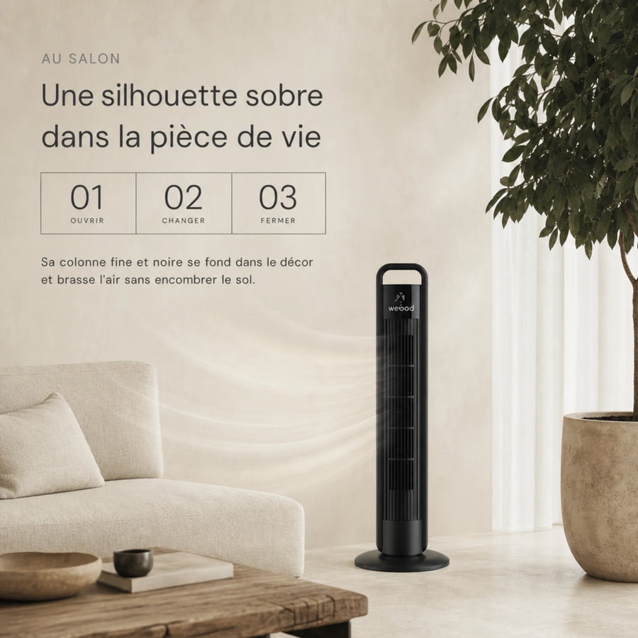 Ventilateur colonne sans pales dans un salon, silhouette sobre qui brasse l'air de la pièce de vie, L'Air Sain