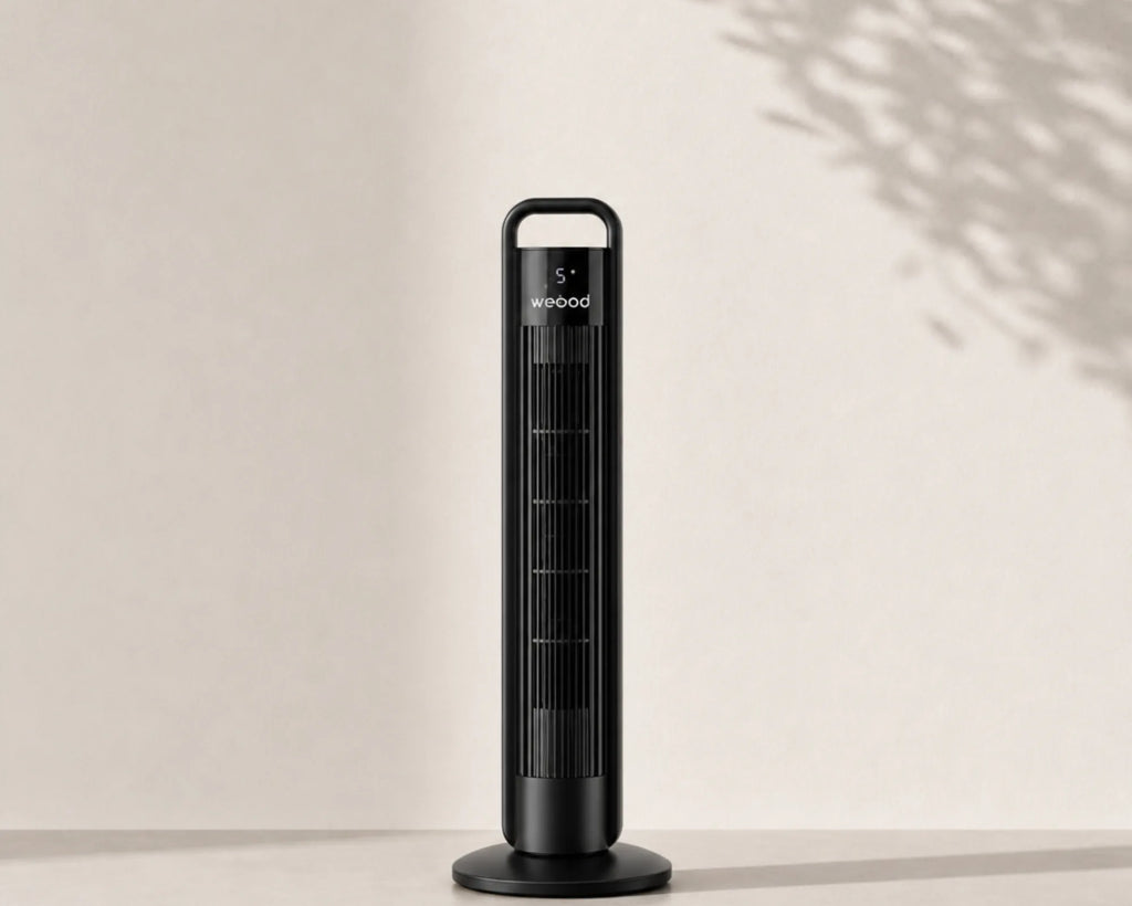 Ventilateur colonne sans pales grand format, coloris noir mat sur fond épuré, packshot L'Air Sain