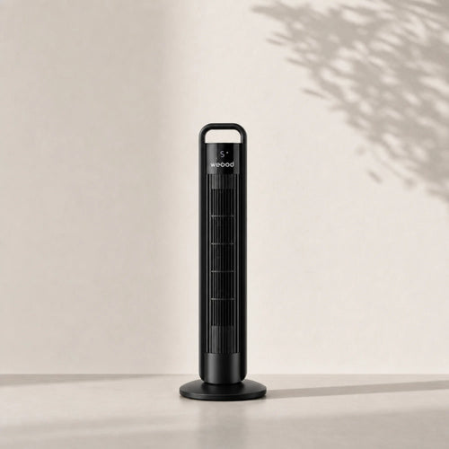 Ventilateur colonne sans pales grand format, coloris noir mat sur fond épuré, packshot L'Air Sain
