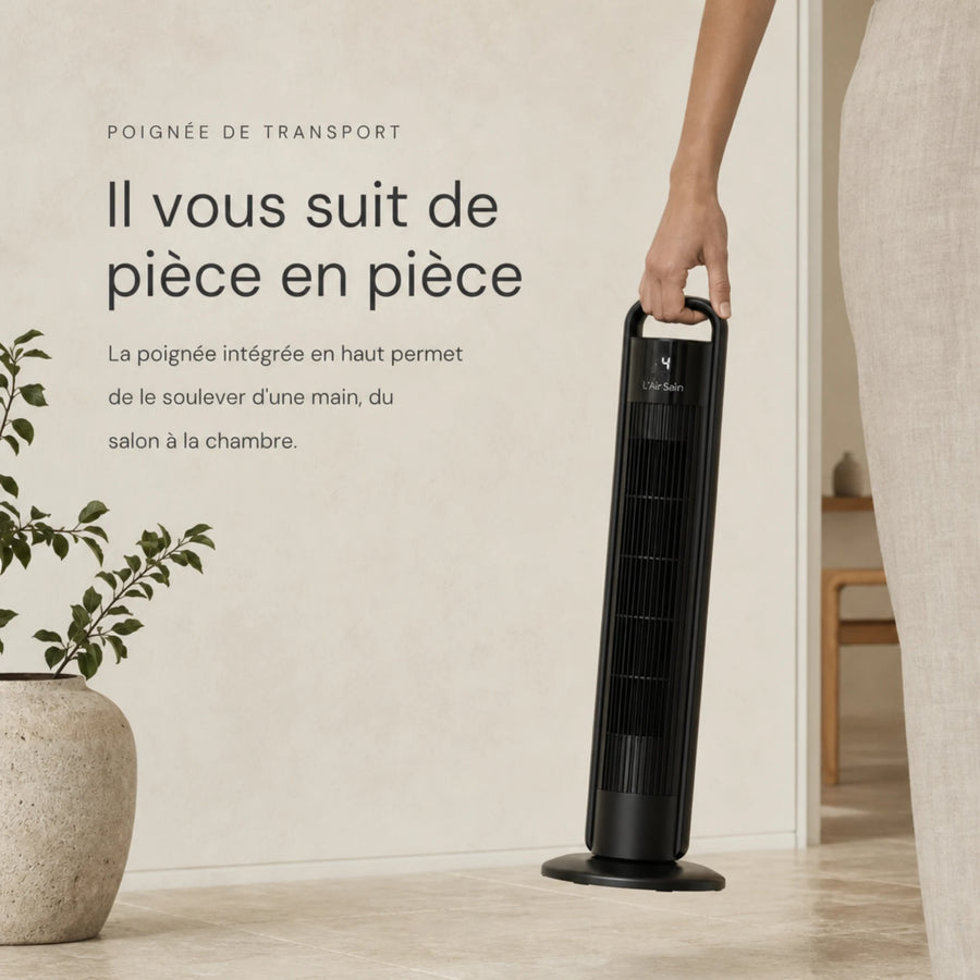 Ventilateur colonne sans pales avec poignée de transport intégrée, déplacé facilement de pièce en pièce, L'Air Sain
