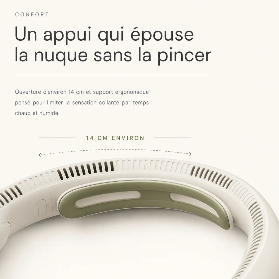 Ventilateur de cou rechargeable, support de nuque ergonomique, ouverture d'environ 14 cm L'Air Sain