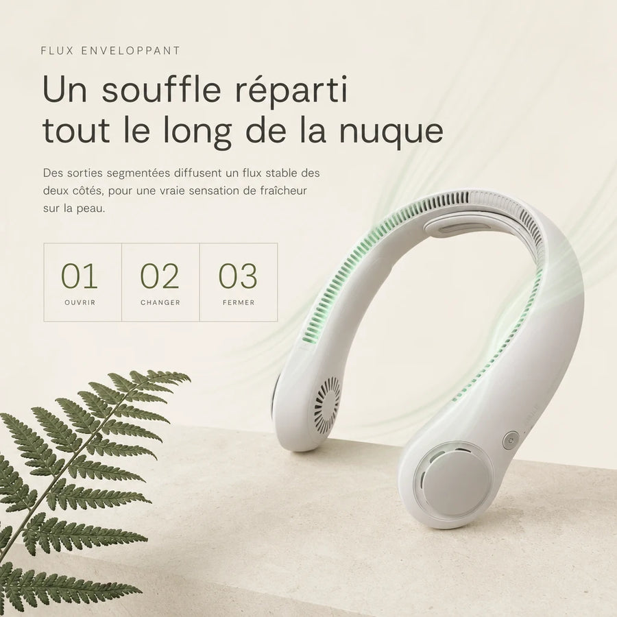 Ventilateur de cou rechargeable à sorties segmentées, flux d'air enveloppant le long de la nuque L'Air Sain