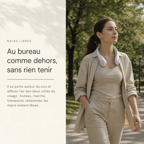 Ventilateur de cou rechargeable porté mains libres par une femme en extérieur, usage nomade L'Air Sain