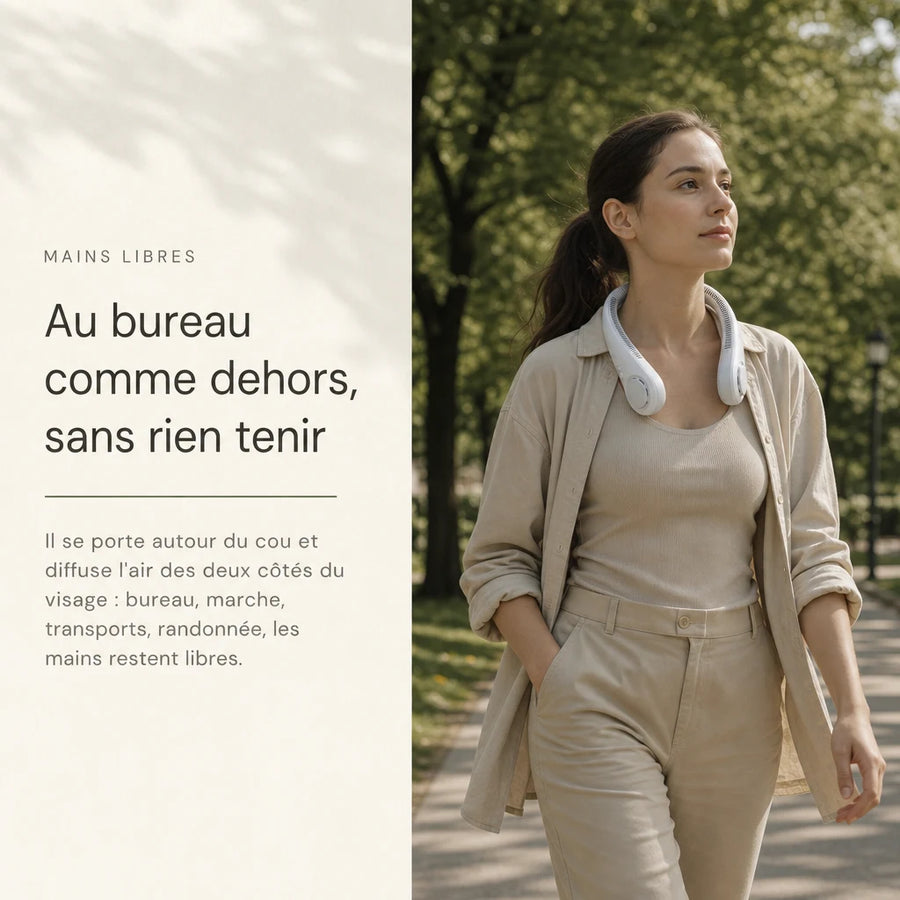 Ventilateur de cou rechargeable porté mains libres par une femme en extérieur, usage nomade L'Air Sain