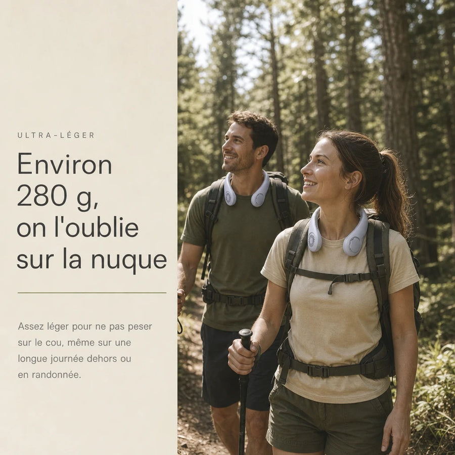 Ventilateur de cou rechargeable ultra-léger, environ 280 g, porté en randonnée en forêt L'Air Sain