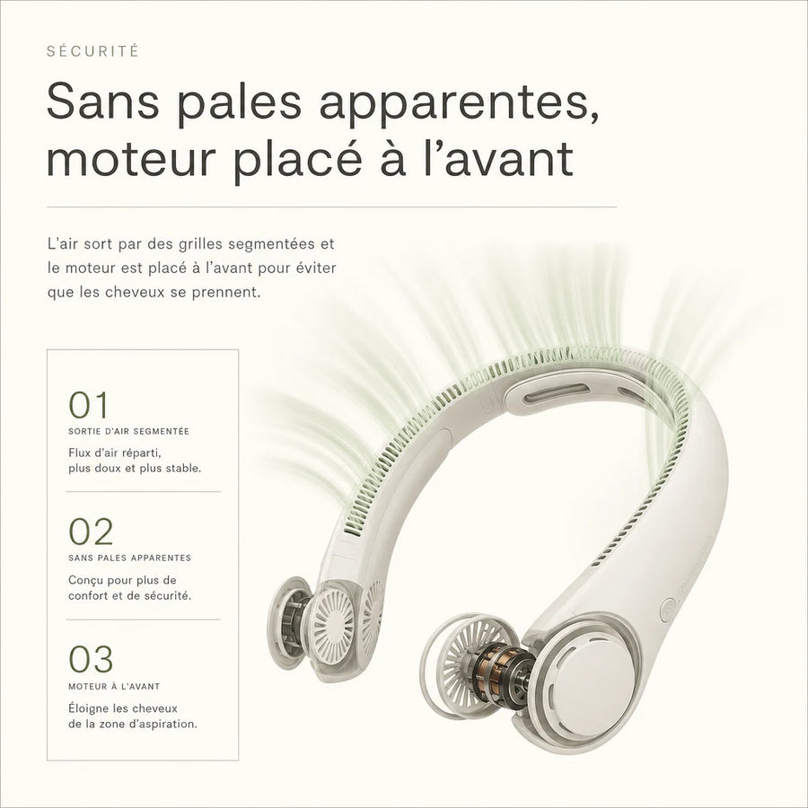 Ventilateur de cou sans pales apparentes, moteur à l'avant pour protéger les cheveux L'Air Sain