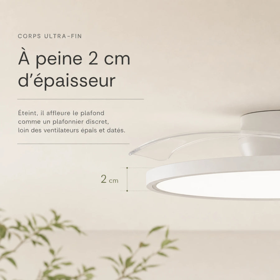 Ventilateur de plafond invisible au corps ultra-fin de 2 cm, détail du profil plafonnier discret L'Air Sain