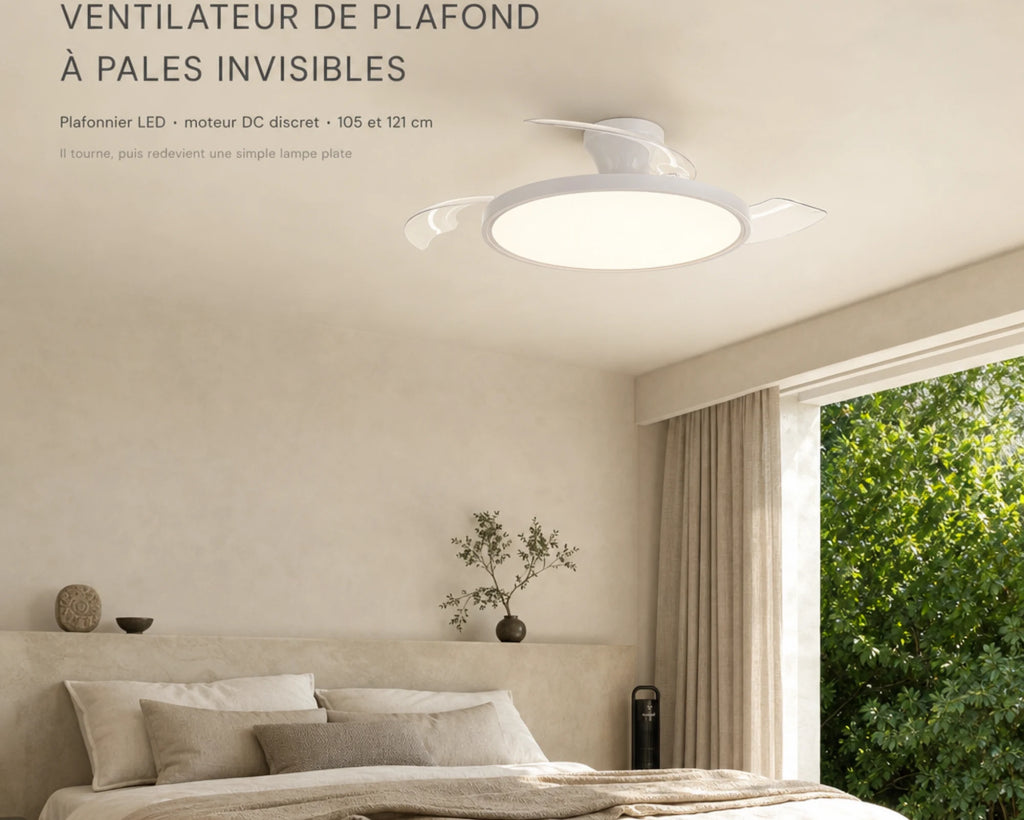 Ventilateur de plafond à pales invisibles, plafonnier LED et moteur DC discret, en chambre 105/121 cm L'Air Sain