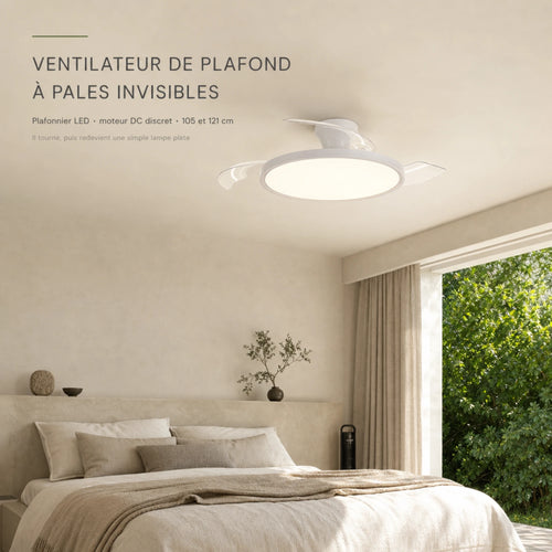 Ventilateur de plafond à pales invisibles, plafonnier LED et moteur DC discret, en chambre 105/121 cm L'Air Sain