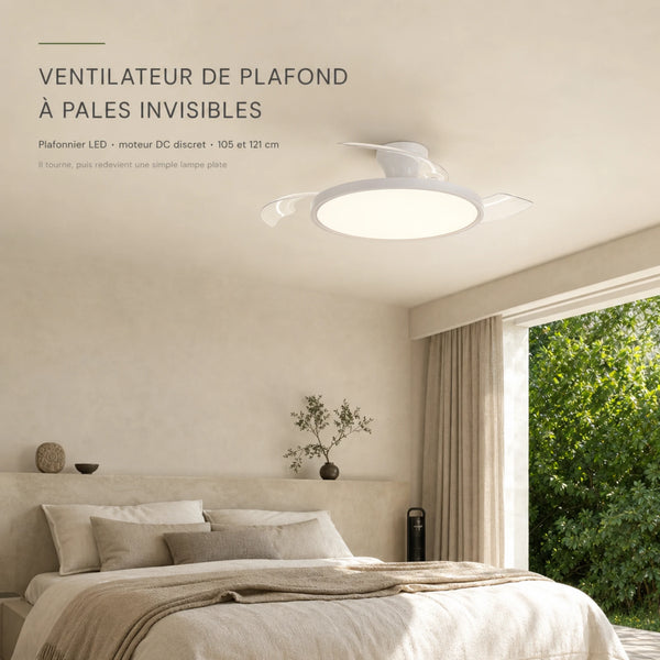 Ventilateur de plafond à pales invisibles, plafonnier LED et moteur DC discret, en chambre 105/121 cm L'Air Sain