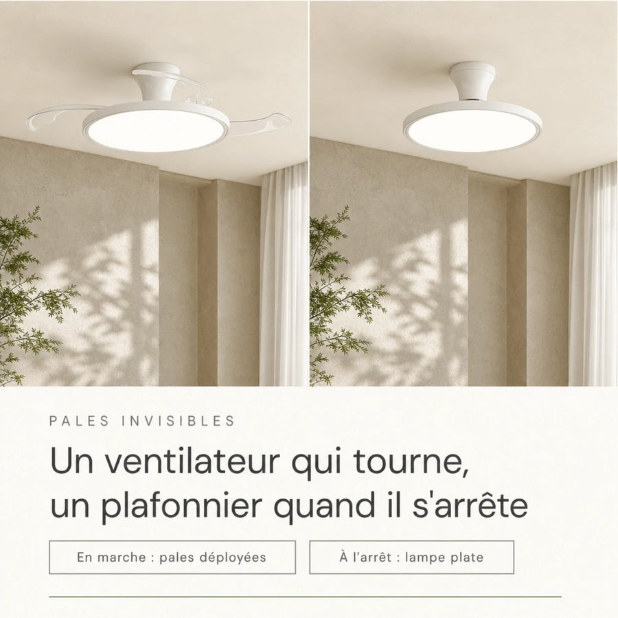 Ventilateur de plafond à pales invisibles déployées en marche, rétractées en plafonnier à l'arrêt L'Air Sain