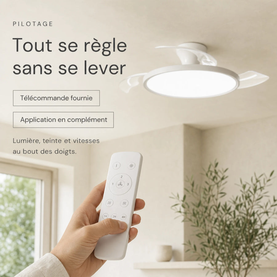 Ventilateur de plafond invisible piloté à la télécommande, réglage lumière et vitesse au doigt L'Air Sain