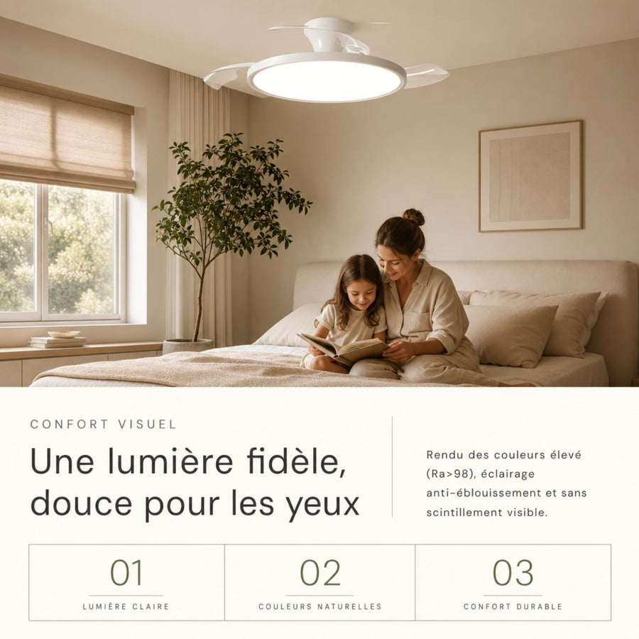 Ventilateur de plafond LED confort visuel anti-éblouissement Ra98, lecture calme en chambre L'Air Sain