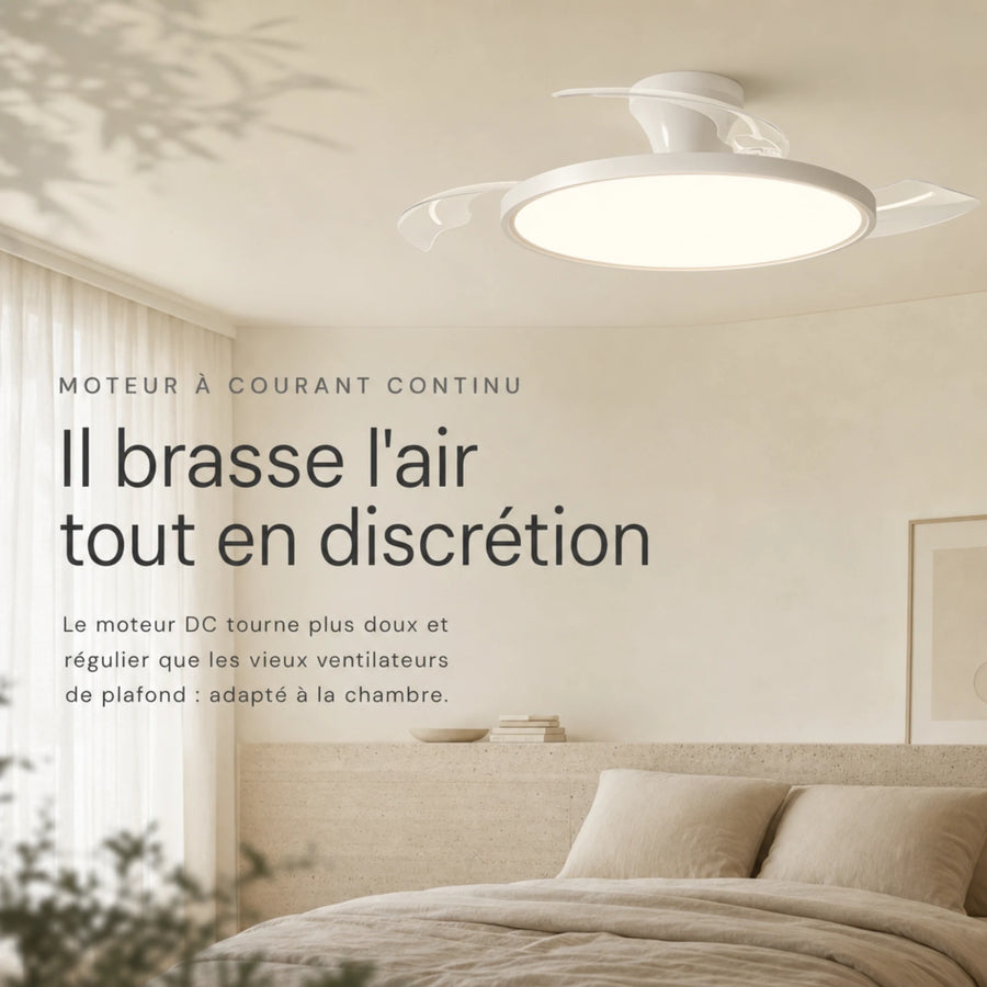 Ventilateur de plafond invisible moteur DC silencieux, lumière LED tamisée en chambre le soir L'Air Sain