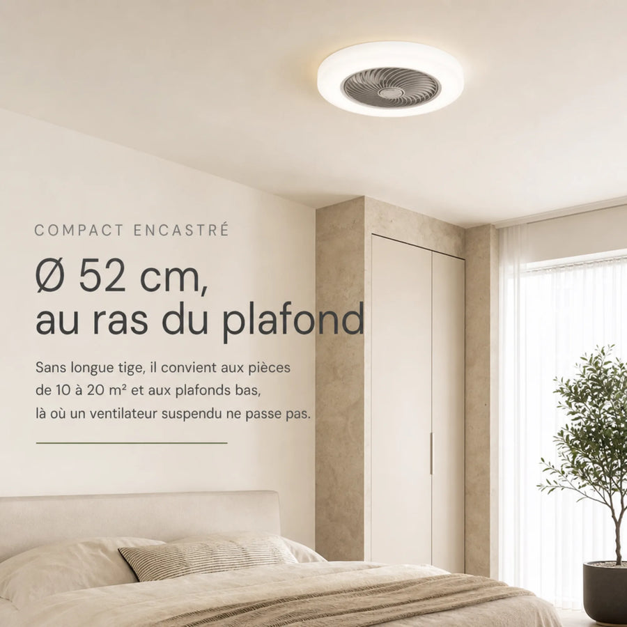 Ventilateur de plafond avec lumière encastré Ø52 cm, compact pour chambre et plafond bas L'Air Sain