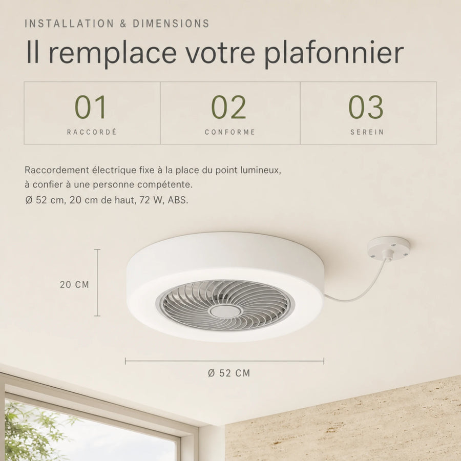 Ventilateur de plafond avec lumière encastré Ø52 cm, 20 cm de haut, schéma d'installation L'Air Sain