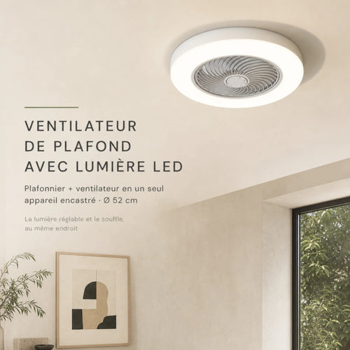 Ventilateur de plafond avec lumière LED encastré Ø52 cm installé au salon, 2-en-1 L'Air Sain