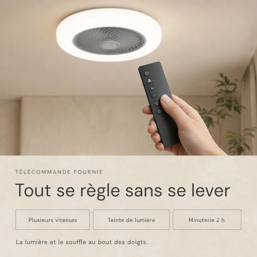 Ventilateur de plafond avec lumière, télécommande en main pour régler vitesses et minuterie L'Air Sain