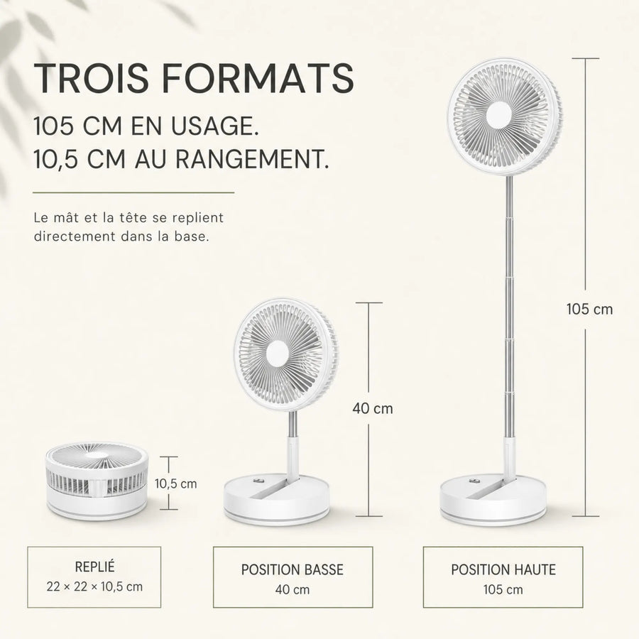 Ventilateur pliable F9 présenté replié, à 40 cm et à 105 cm