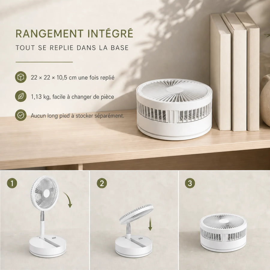 Ventilateur pliable F9 rangé dans sa base de 22 x 22 x 10,5 cm