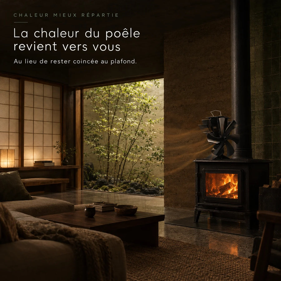Ventilateur de poêle à bois qui renvoie la chaleur du poêle vers le séjour