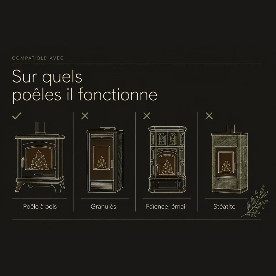 Schéma des poêles compatibles avec un ventilateur de poêle : bois oui, granulés, faïence et stéatite non