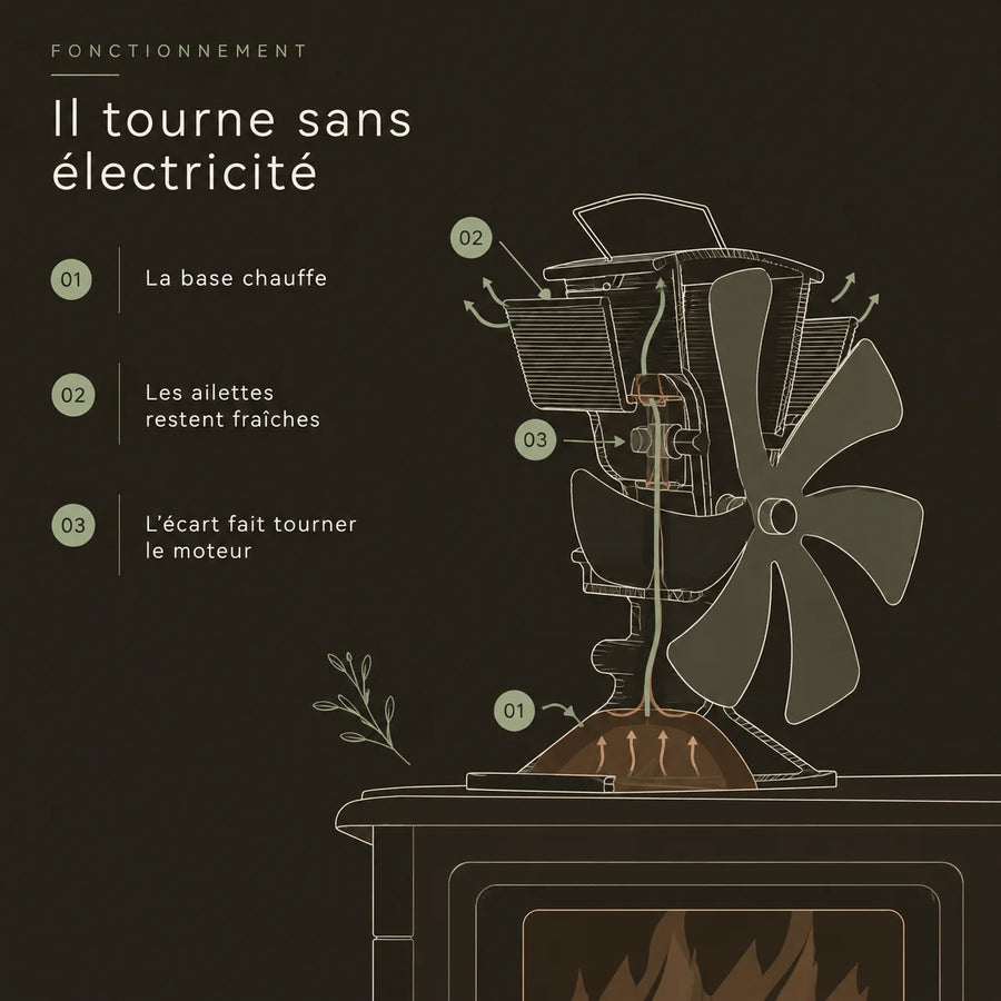 Schéma du fonctionnement d'un ventilateur de poêle sans électricité, de la base chaude au moteur