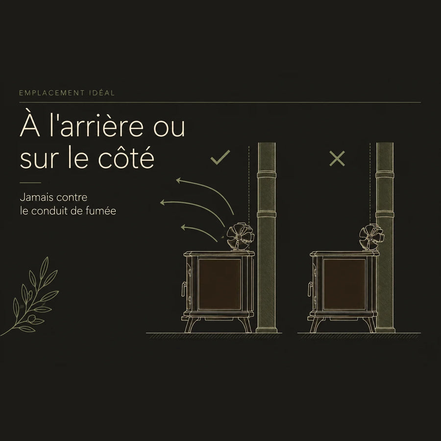 Schéma du placement d'un ventilateur de poêle, à l'arrière ou sur le côté, jamais contre le conduit