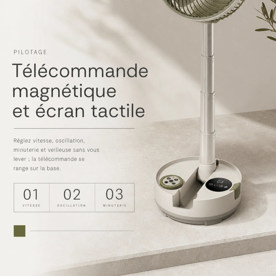 Ventilateur pliable rechargeable avec télécommande magnétique et écran tactile en détail, L'Air Sain
