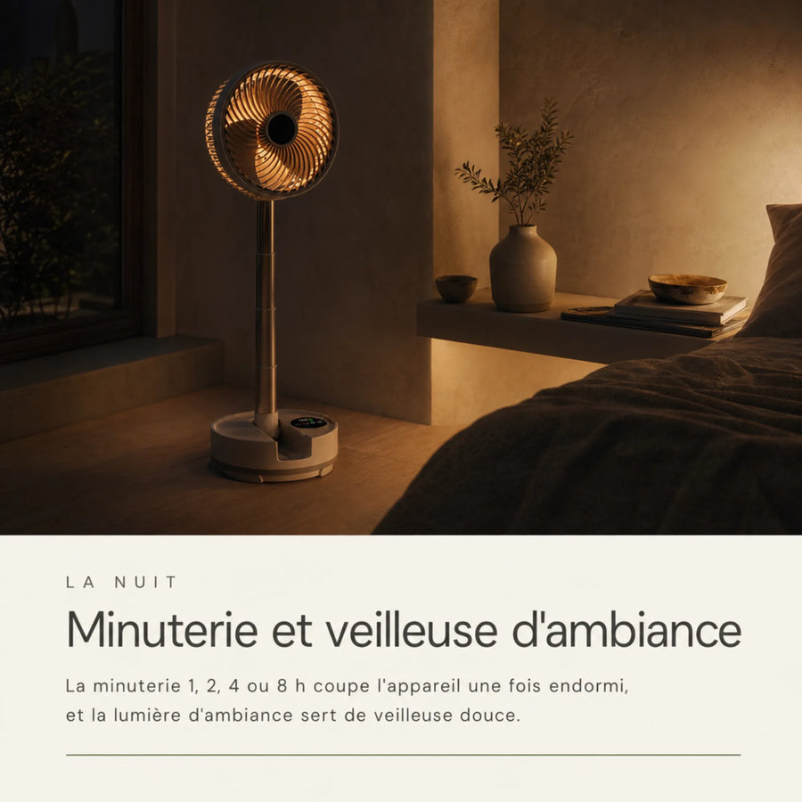 Ventilateur rechargeable sans fil en chambre la nuit, minuterie programmable et veilleuse d'ambiance, L'Air Sain