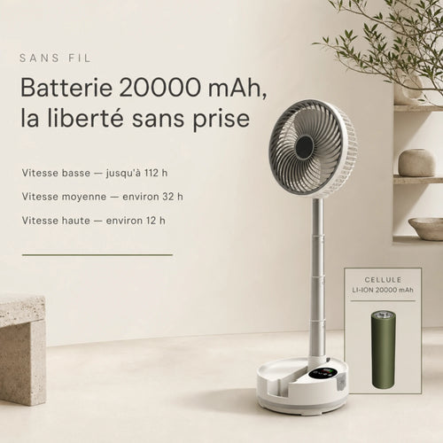 Ventilateur rechargeable sans fil, infographie batterie 20000 mAh et autonomie jusqu'à 112 h, L'Air Sain