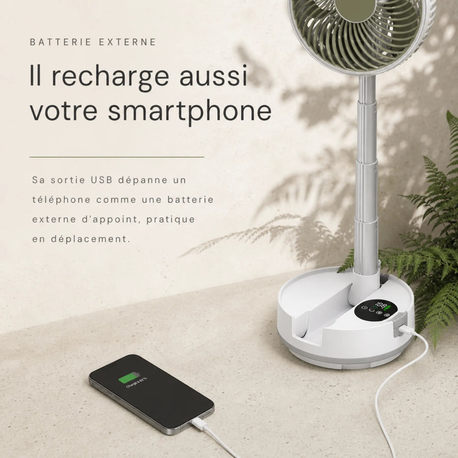 Ventilateur rechargeable sans fil avec sortie USB qui recharge un smartphone, batterie externe L'Air Sain