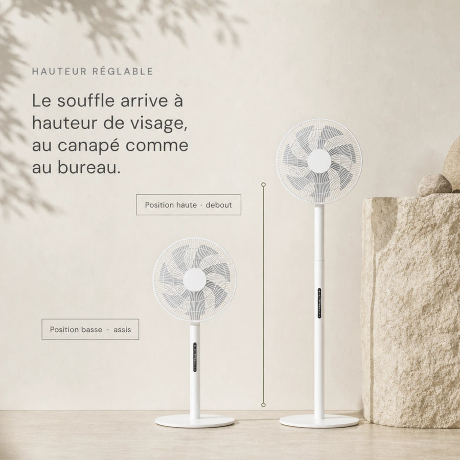 Ventilateur sur pied DC hauteur réglable position debout et assise au canapé comme au bureau L'Air Sain