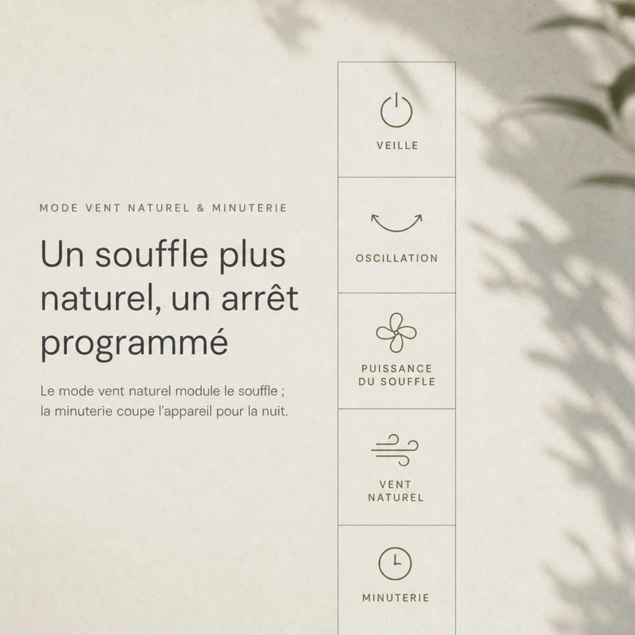 Ventilateur sur pied DC modes oscillation vent naturel et minuterie programmable illustrés L'Air Sain