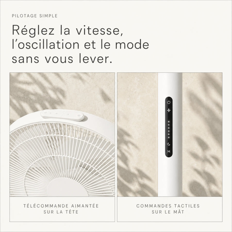 Ventilateur sur pied DC télécommande magnétique et commandes tactiles sur le mât L'Air Sain